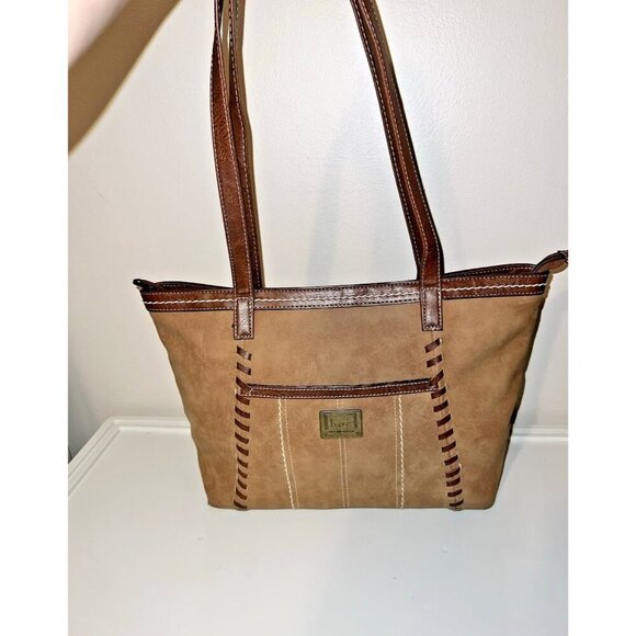 BOC Brown Faux Leather Double Handles Top Zipper Stitched Tote Bag - Picture 1 of 16